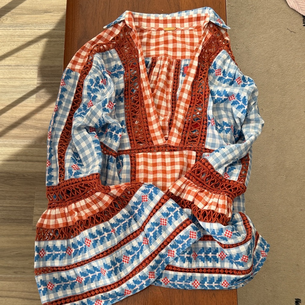 Dodo Bar Or Blue and Terracota Embroidered Blouse